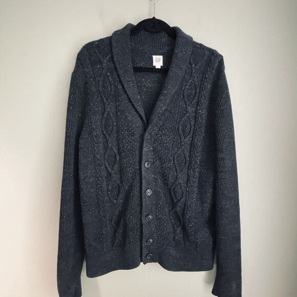 Vtg Gap Cardigan Sweater Men L Navy Blue Fleck Grandpa Chunky Knit Shawl Collar - Picture 1 of 13